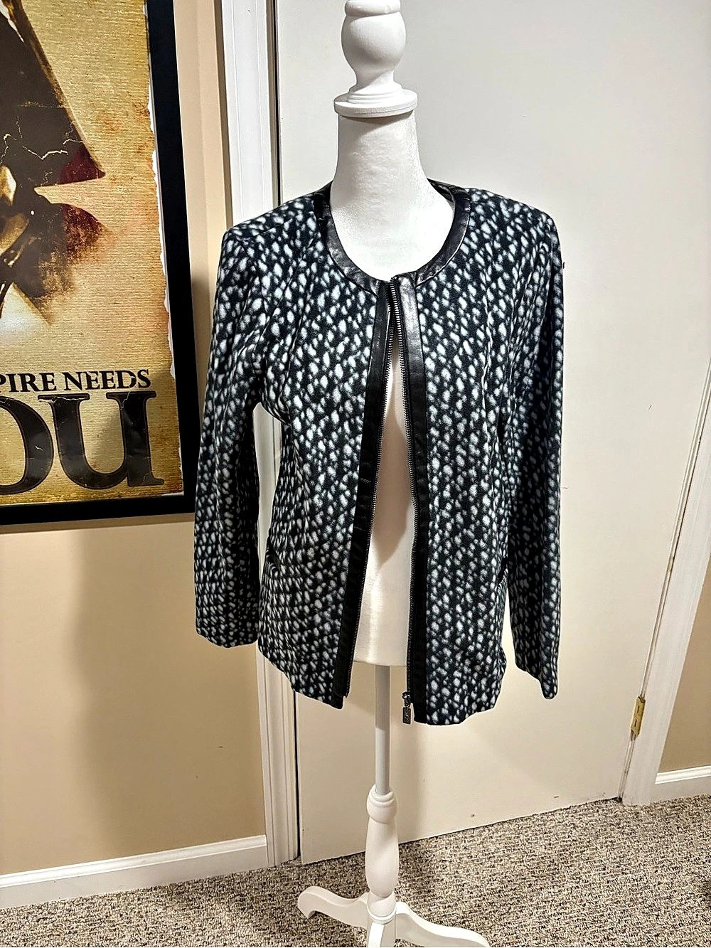 Bob Mackie Printed Fleece Jacket with Faux Leather Trim Black & White NWT
